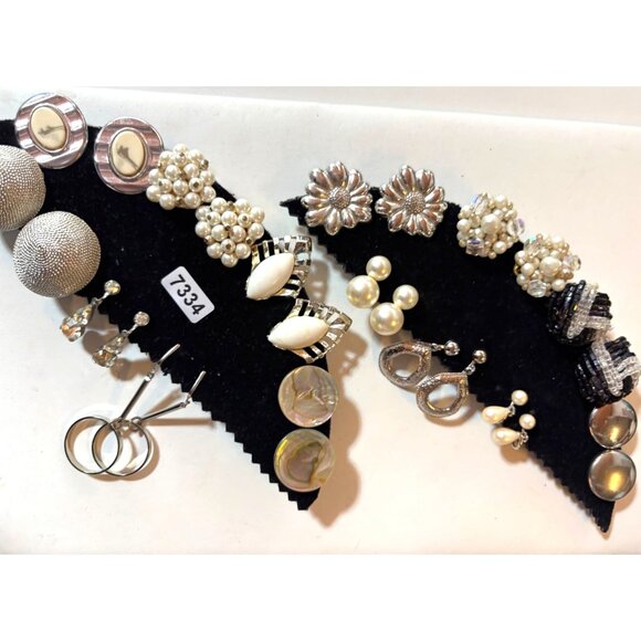 Vintage Assorted Clip-On Earrings Set - Pearl & Silver-Tone Designs Variety Of S - Picture 1 of 13